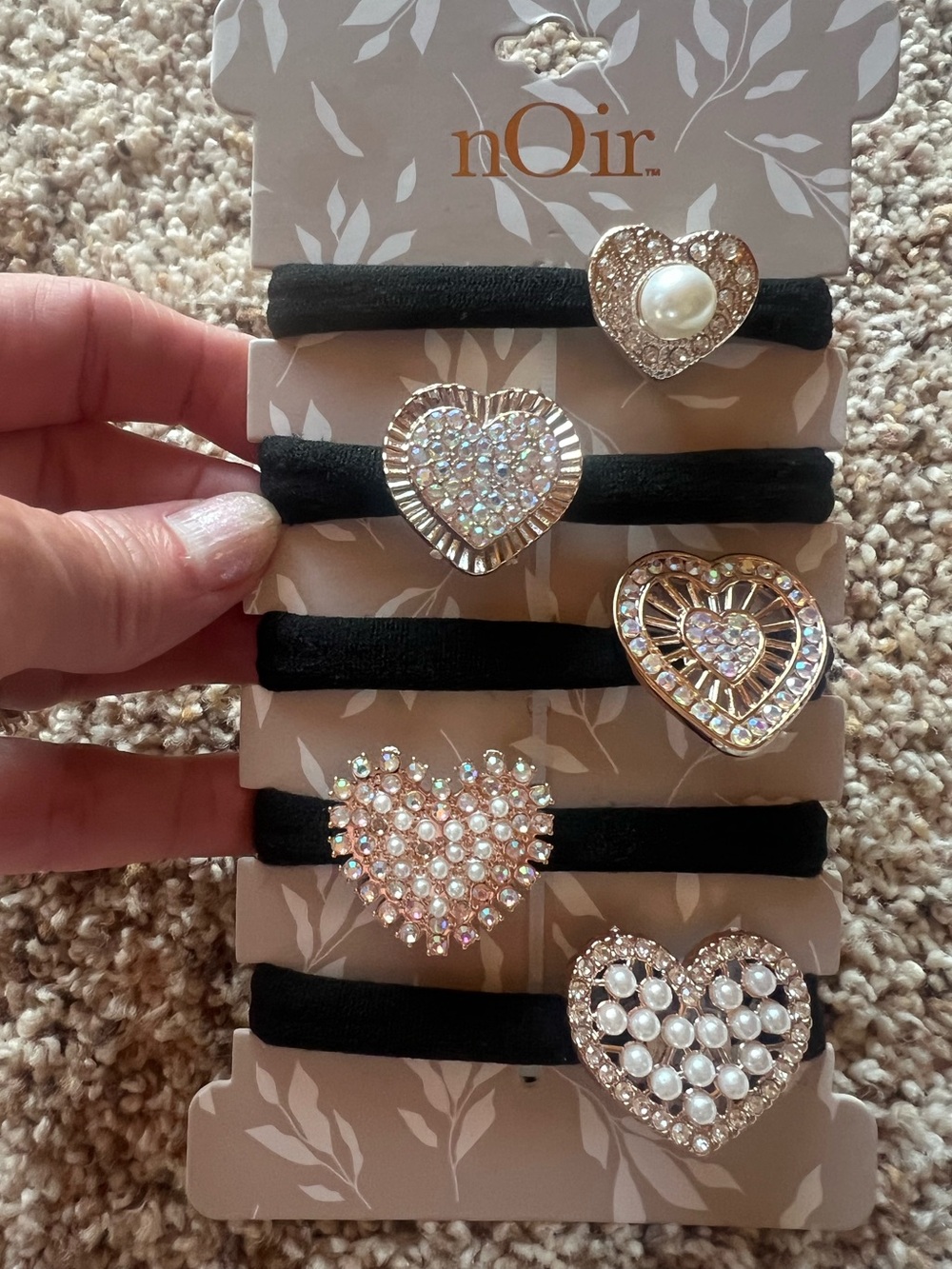 Noir Five Black Stretch Hair Ties, Gold Tone, Faux Pearl/Crystal/Rhinestone, new